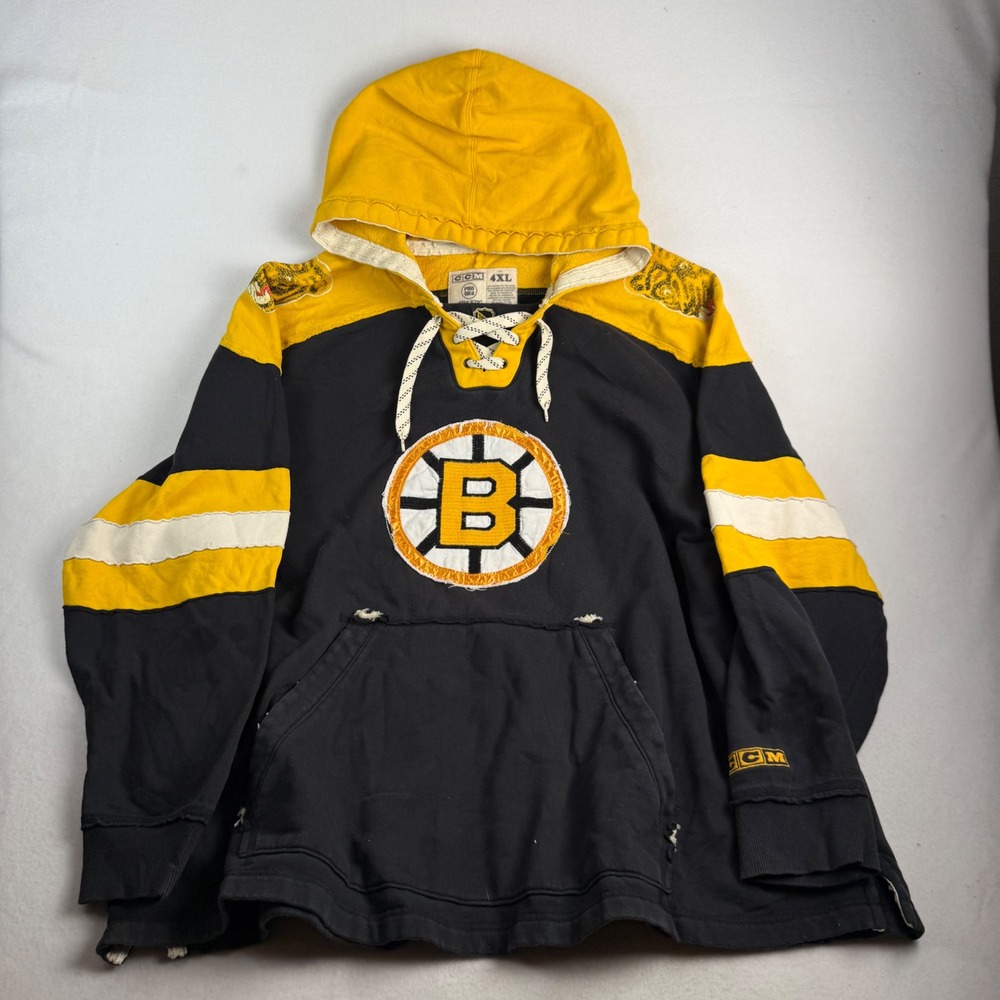 CCM‎ Boston Bruins NHL Lace Up Hoodie Mens 4XL Black Yellow Hockey Jersey Style